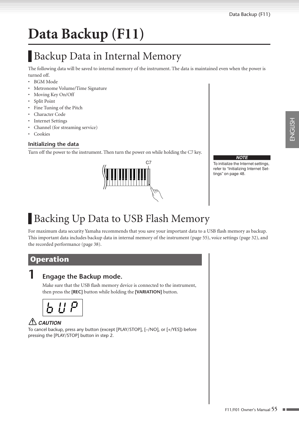 Data backup (f11), Backup data in internal memory, Backing up data to usb flash memory | Operation | Yamaha F10 User Manual | Page 55 / 78