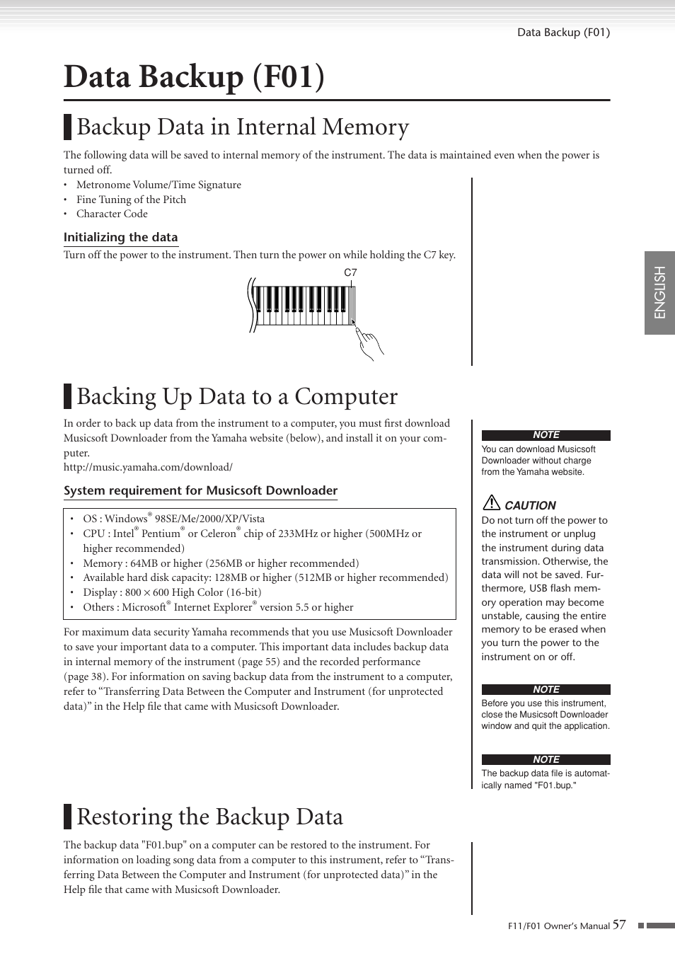 Data backup (f01), Backup data in internal memory, Backing up data to a computer | Restoring the backup data | Yamaha F10 User Manual | Page 57 / 78