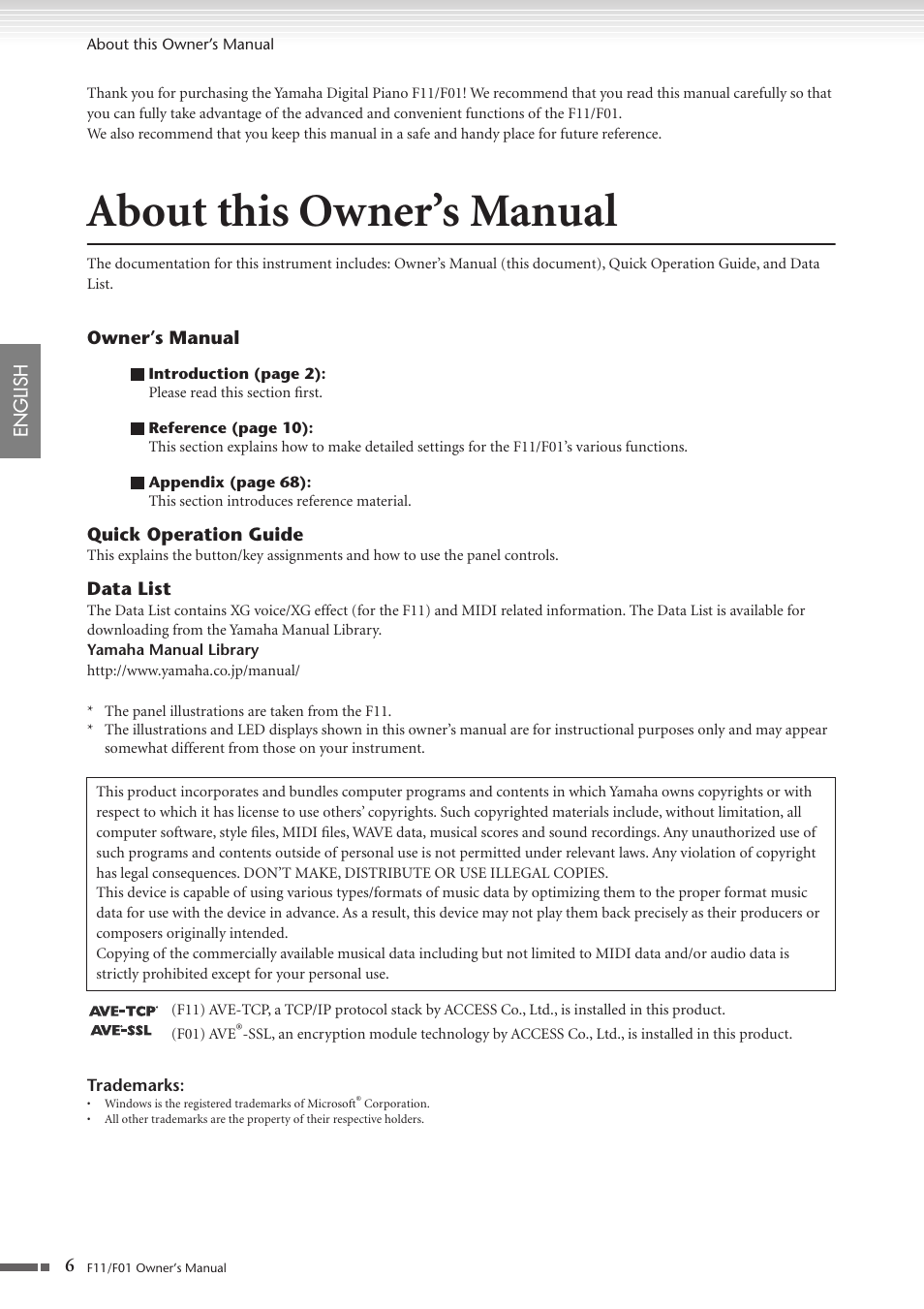 About this owner’s manual | Yamaha F10 User Manual | Page 6 / 78
