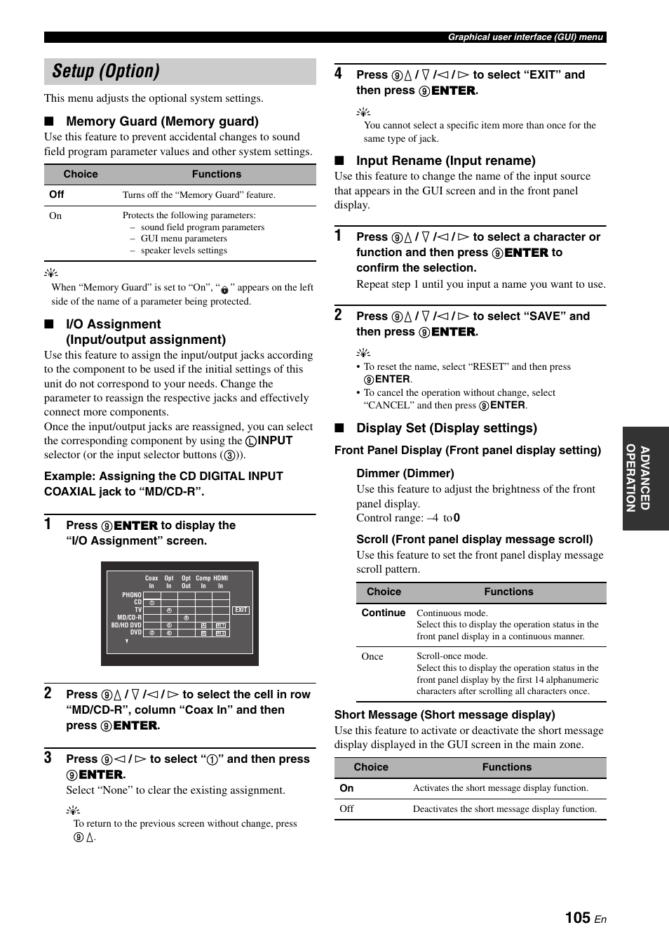 Setup (option), I/o assignment (input/output assignment), Input rename (input rename) | Display set (display settings) | Yamaha RX-Z7 User Manual | Page 105 / 178