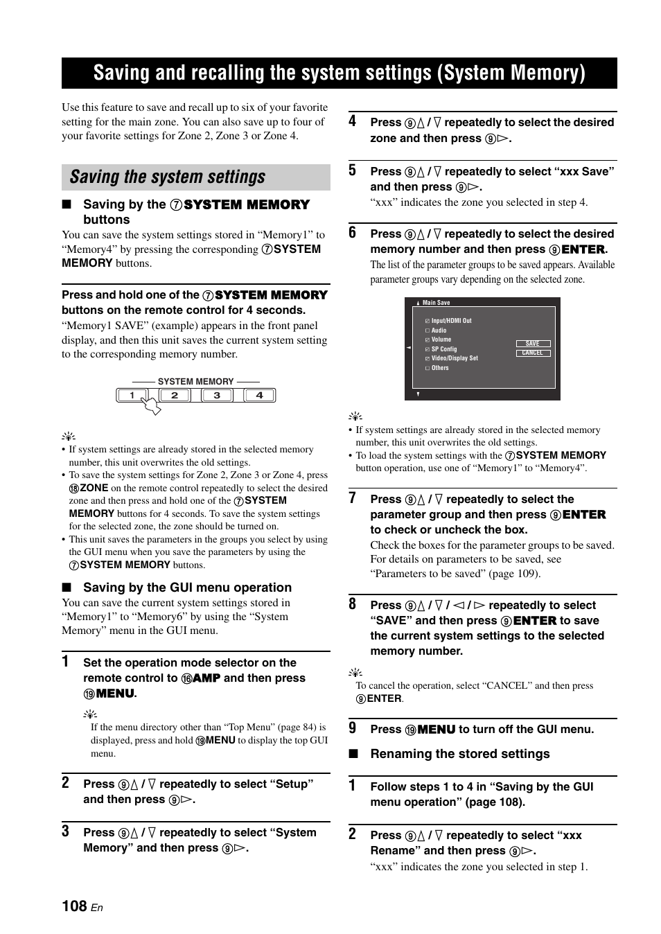 Saving the system settings, Saving and recalling the system settings, System memory) | Yamaha RX-Z7 User Manual | Page 108 / 178