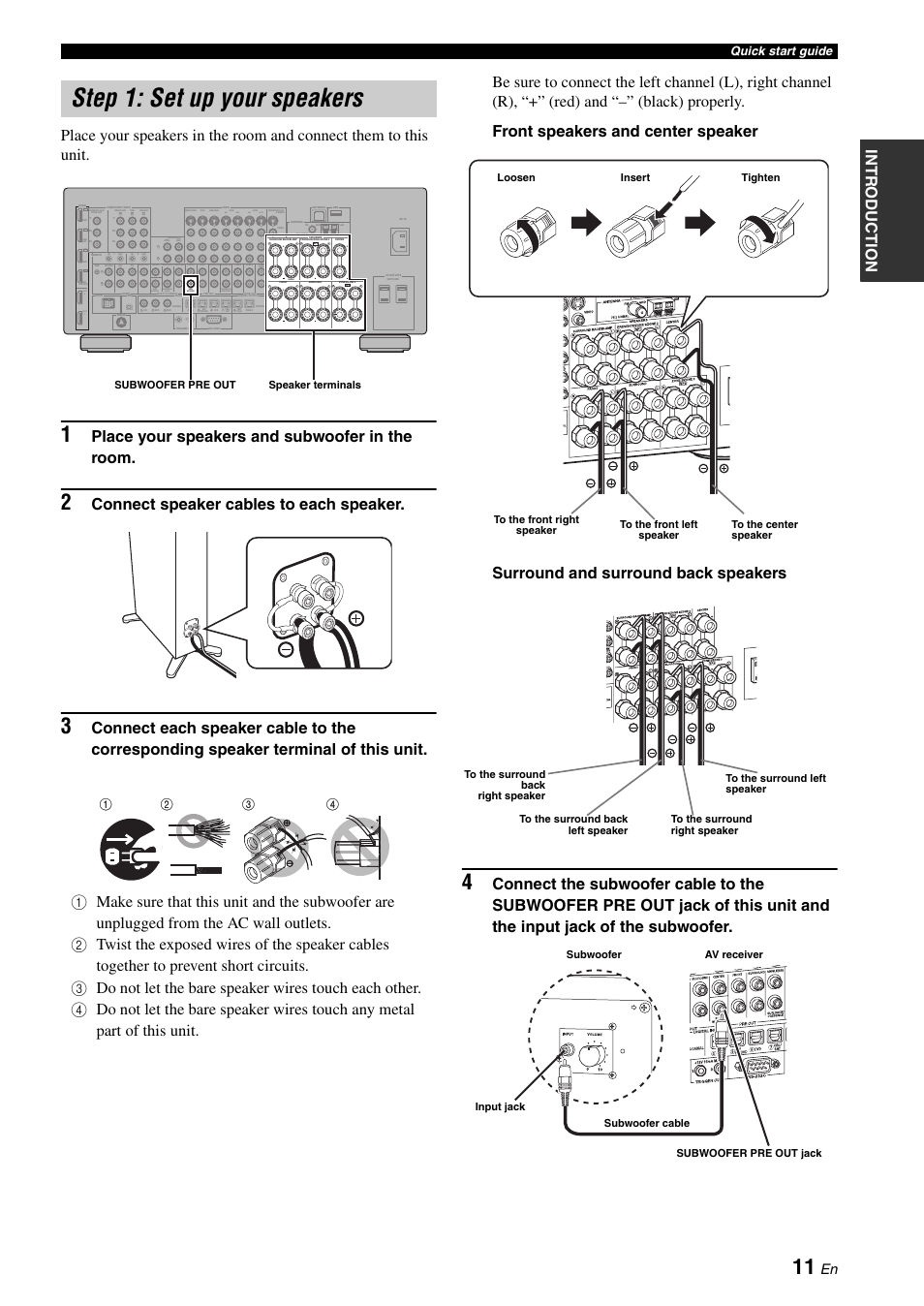 Step 1: set up your speakers, P. 11, Place your speakers and subwoofer in the room | Connect speaker cables to each speaker, Single, Presence, Out in in, Quick start guide, Subwoofer pre out speaker terminals | Yamaha RX-Z7 User Manual | Page 11 / 178