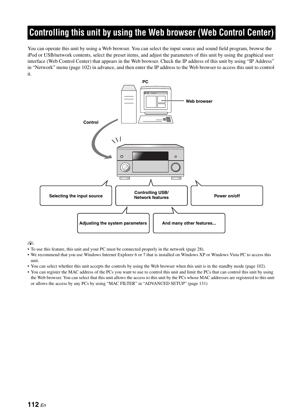 Controlling this unit by using, The web browser (web control center) | Yamaha RX-Z7 User Manual | Page 112 / 178