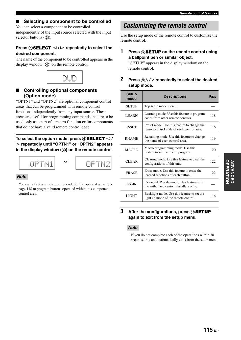 Customizing the remote control, Optn1 optn2 | Yamaha RX-Z7 User Manual | Page 115 / 178