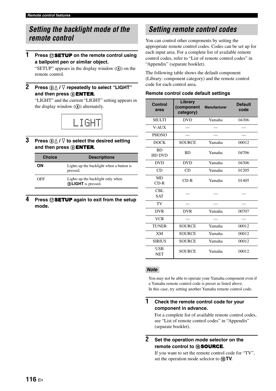 Setting the backlight mode of the remote control, Setting remote control codes, Setting the backlight mode | Of the remote control, Light | Yamaha RX-Z7 User Manual | Page 116 / 178
