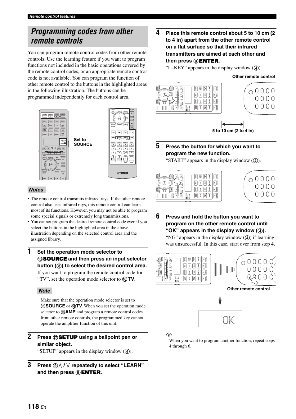 Programming codes from other remote controls, Set to source, Other remote control | Remote control features | Yamaha RX-Z7 User Manual | Page 118 / 178