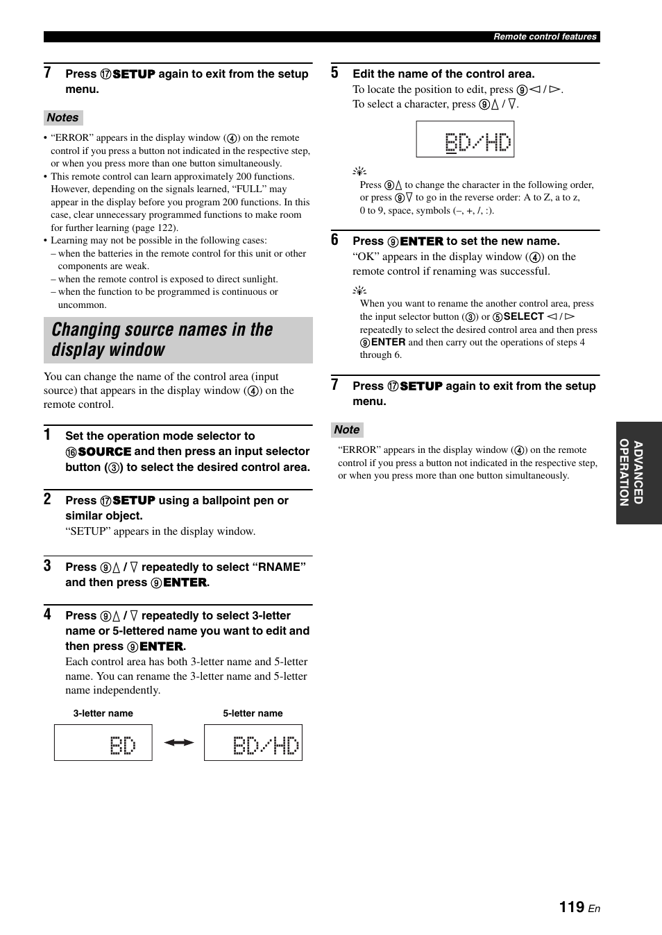 Changing source names in the display window, Bd bd/hd, Bd/hd | Yamaha RX-Z7 User Manual | Page 119 / 178