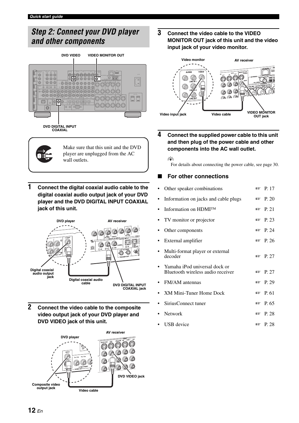 Step 2: connect your dvd player and other, Components, P. 12 | For other connections, Single, Presence, Out in in, Quick start guide | Yamaha RX-Z7 User Manual | Page 12 / 178
