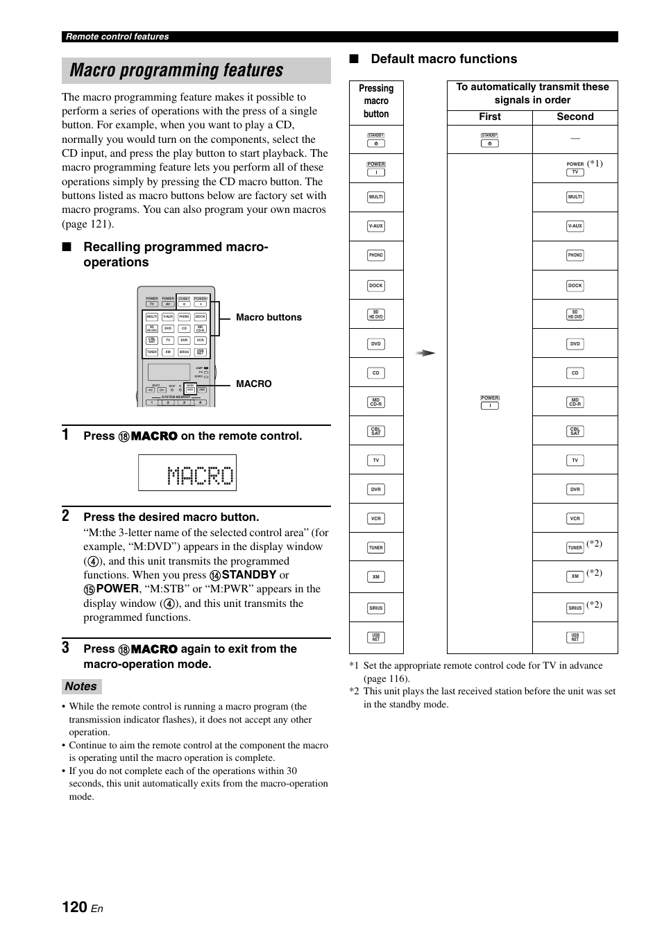 Macro programming features, Macro, Recalling programmed macro- operations | Default macro functions, Press h macro on the remote control, Macro macro buttons | Yamaha RX-Z7 User Manual | Page 120 / 178