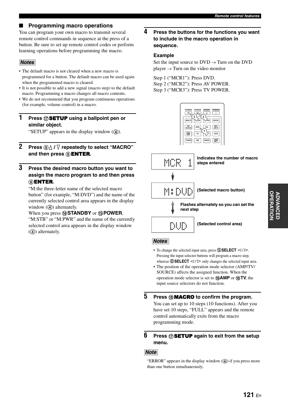 Mcr 1 m:dvd dvd, Programming macro operations | Yamaha RX-Z7 User Manual | Page 121 / 178