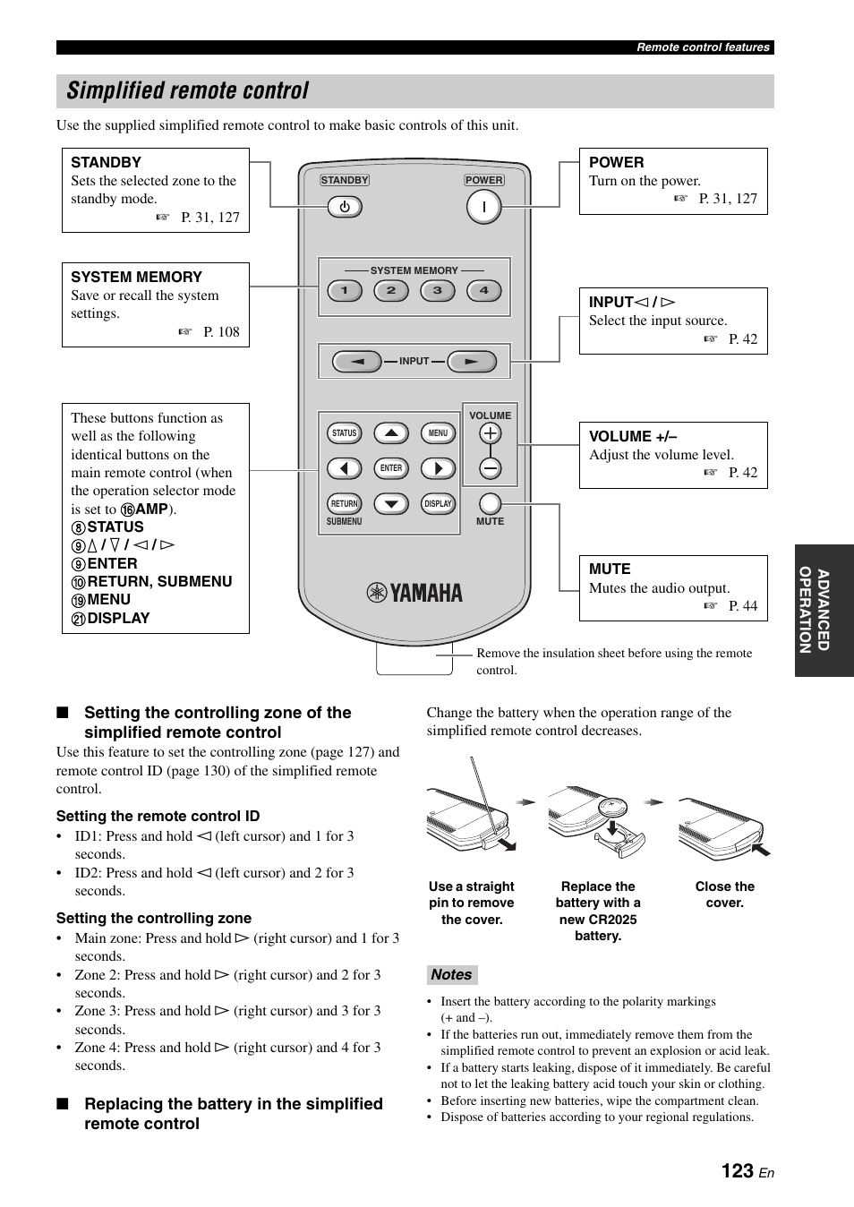 Simplified remote control | Yamaha RX-Z7 User Manual | Page 123 / 178