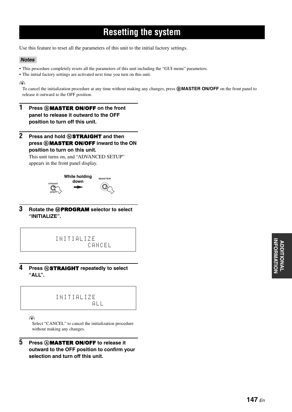 Resetting the system | Yamaha RX-Z7 User Manual | Page 147 / 178