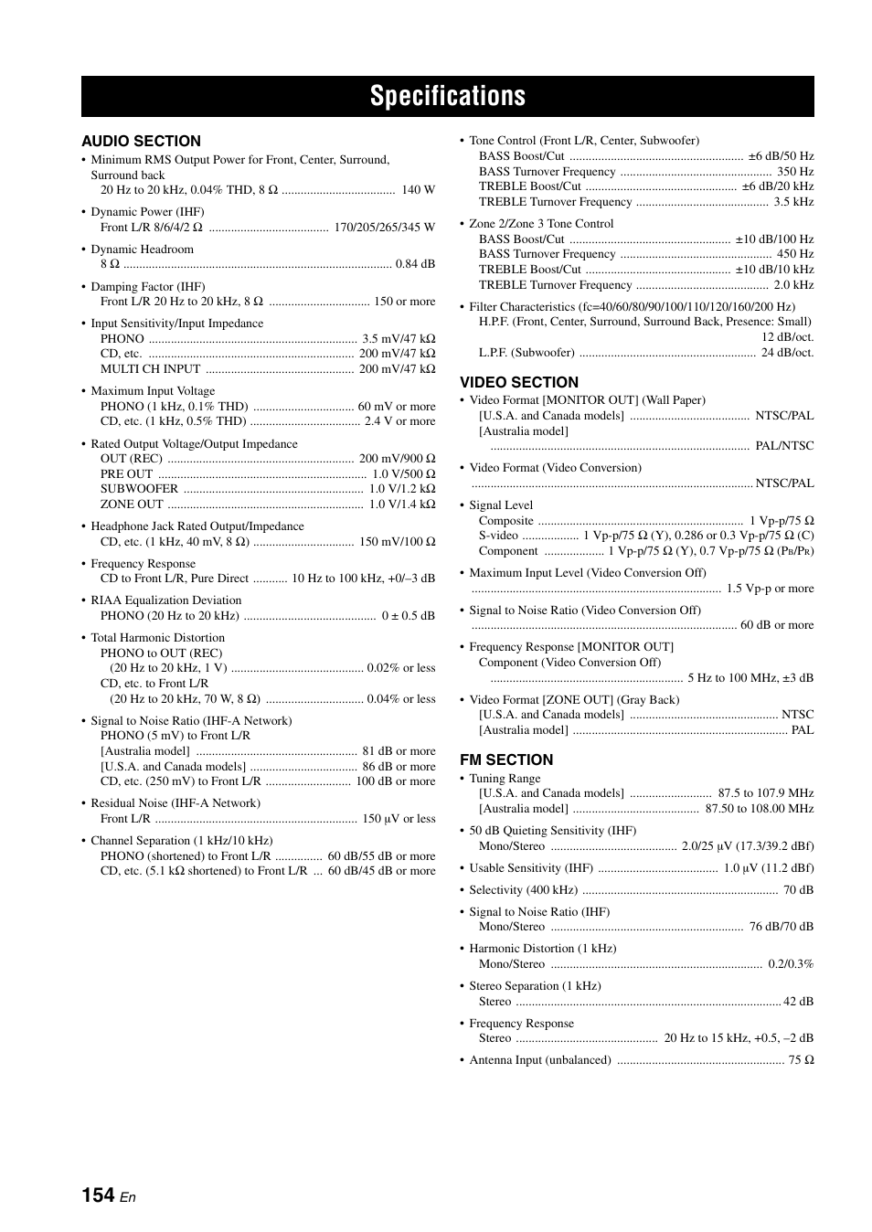 Specifications | Yamaha RX-Z7 User Manual | Page 154 / 178