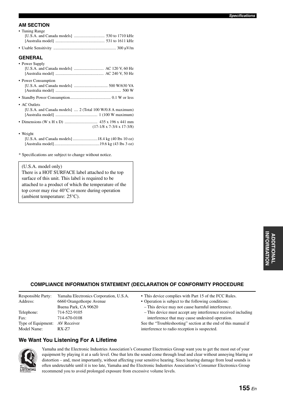 We want you listening for a lifetime | Yamaha RX-Z7 User Manual | Page 155 / 178