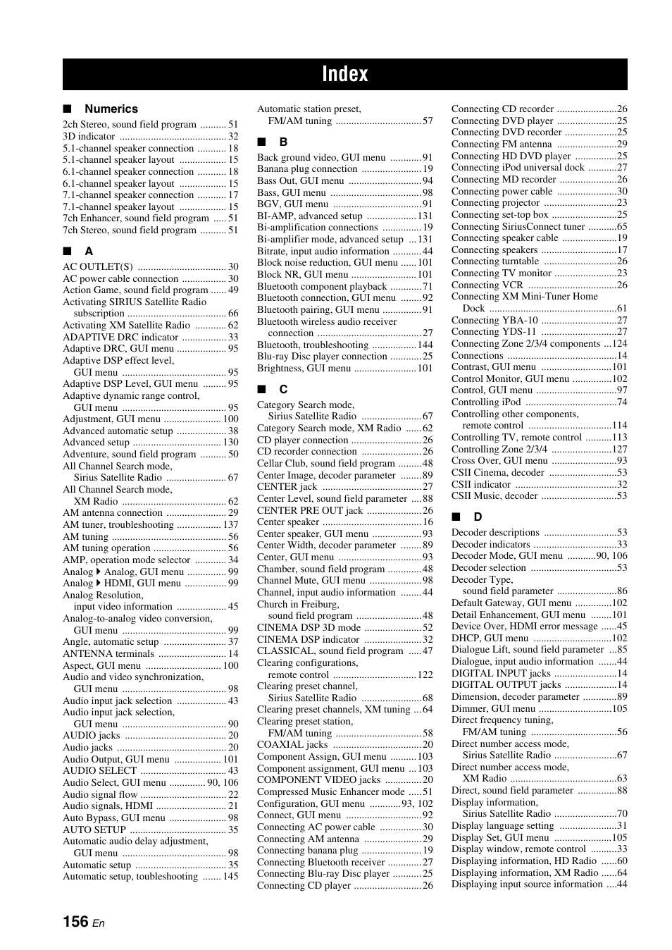 Index | Yamaha RX-Z7 User Manual | Page 156 / 178