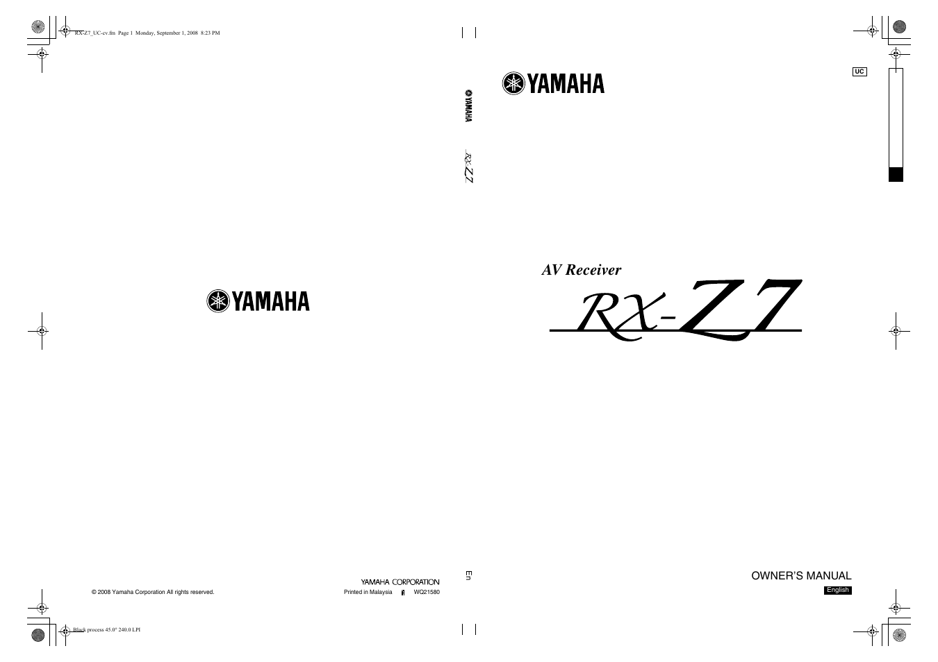 Av receiver, Owner’s manual | Yamaha RX-Z7 User Manual | Page 160 / 178