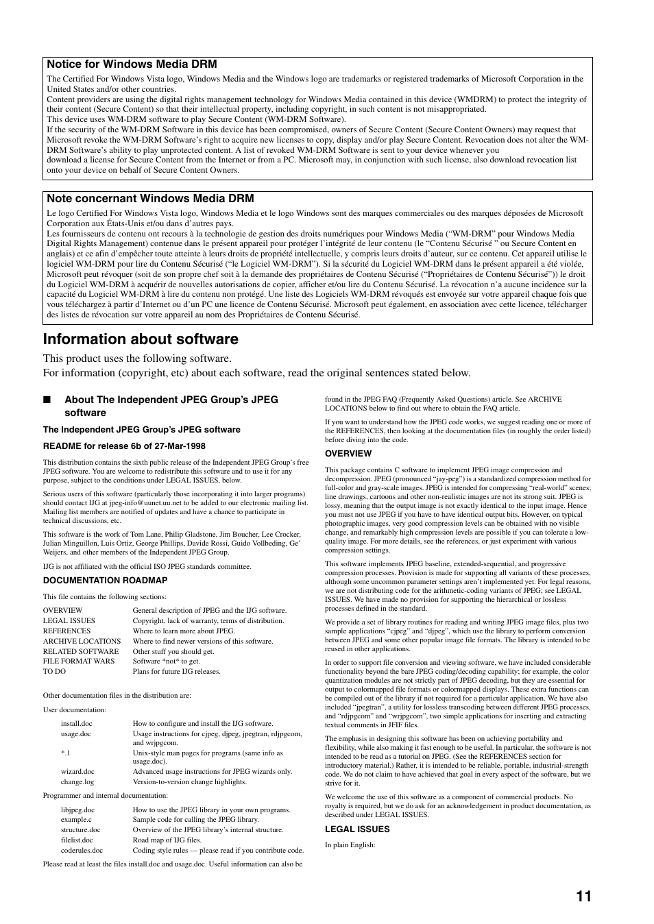 Information about software, 11 information about software, Notice for windows media drm | Yamaha RX-Z7 User Manual | Page 171 / 178