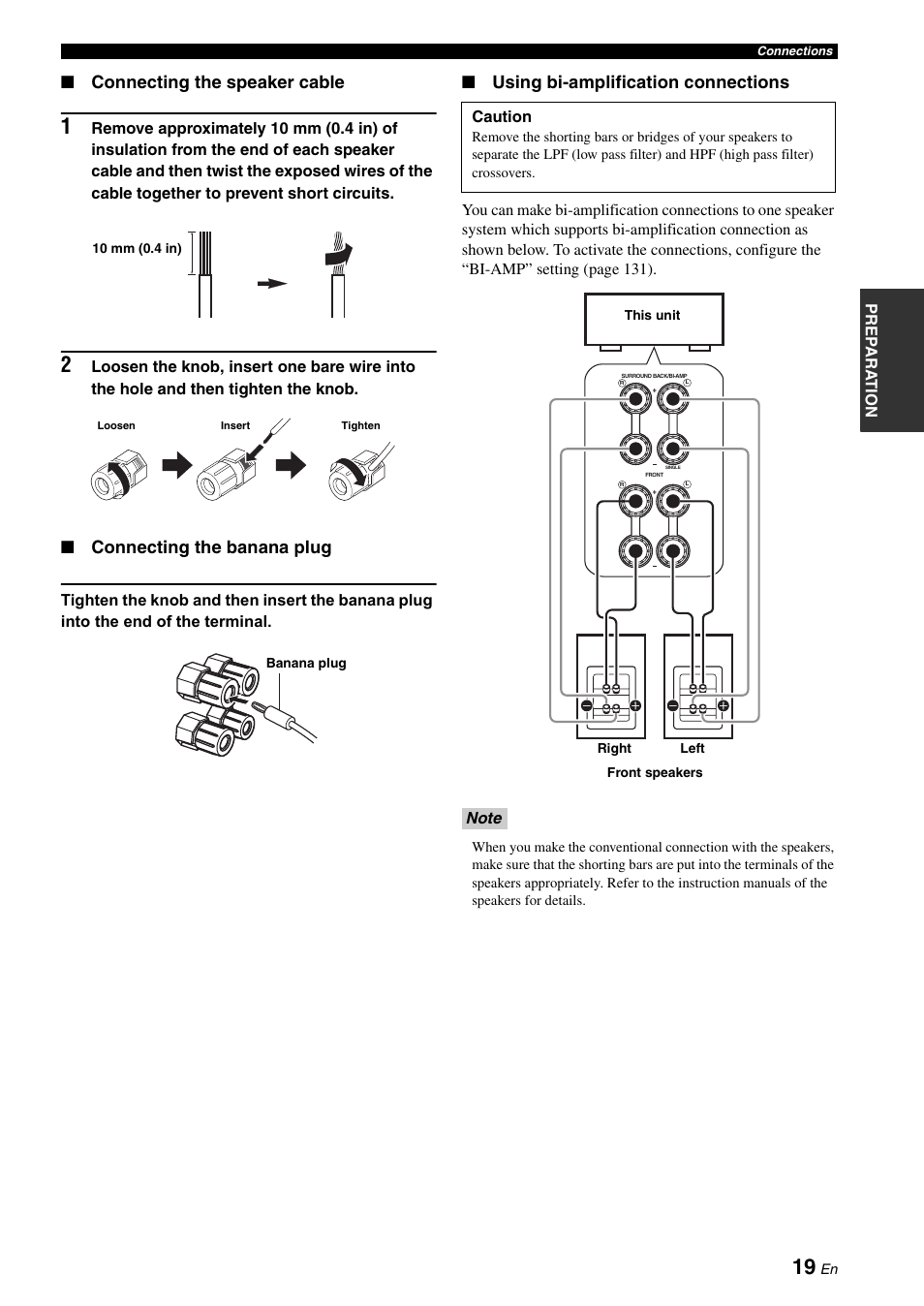 Connecting the speaker cable, Connecting the banana plug, Using bi-amplification connections | Yamaha RX-Z7 User Manual | Page 19 / 178