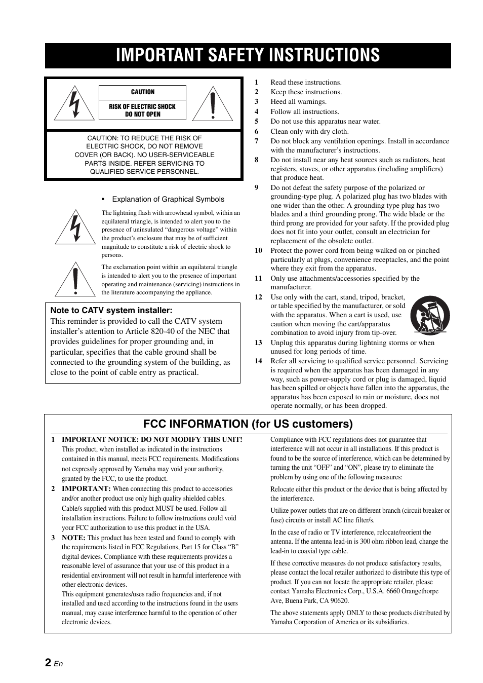 Important safety instructions, Fcc information (for us customers) | Yamaha RX-Z7 User Manual | Page 2 / 178