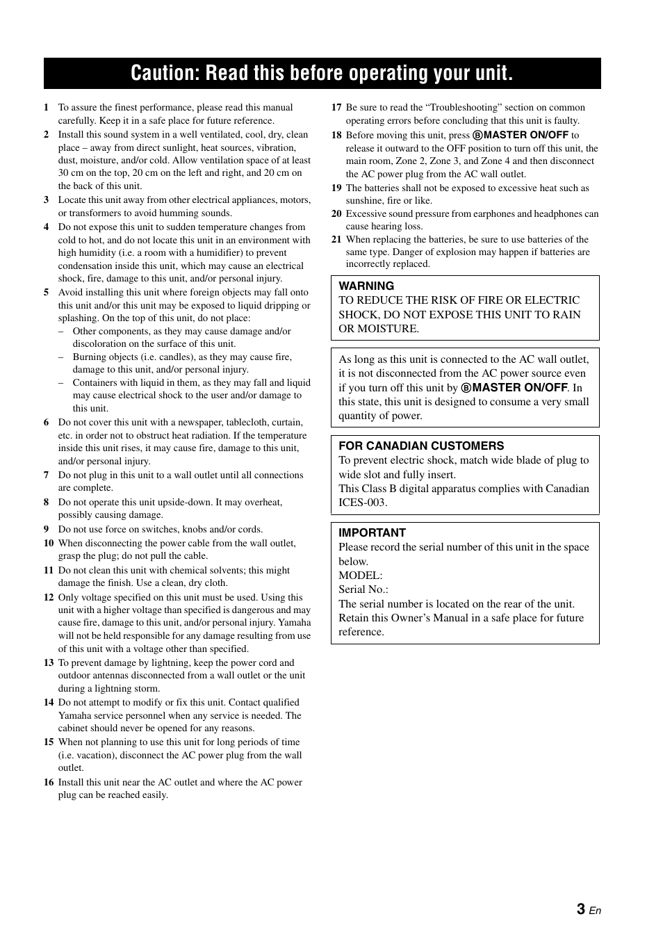Caution: read this before operating your unit | Yamaha RX-Z7 User Manual | Page 3 / 178