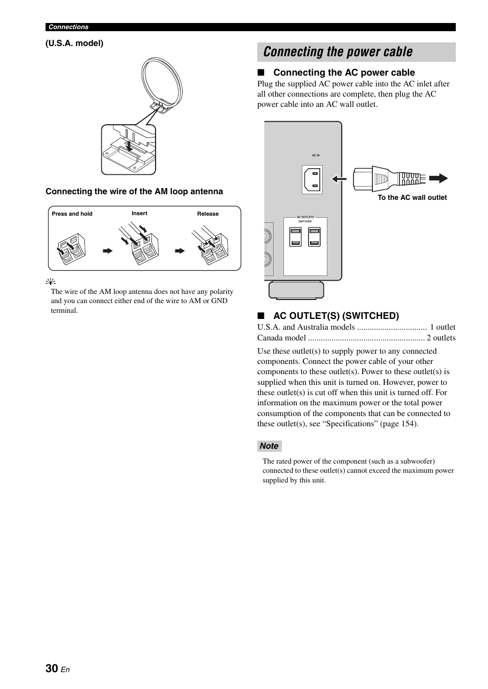 Connecting the power cable, Connecting the ac power cable, Ac outlet(s) (switched) | Yamaha RX-Z7 User Manual | Page 30 / 178