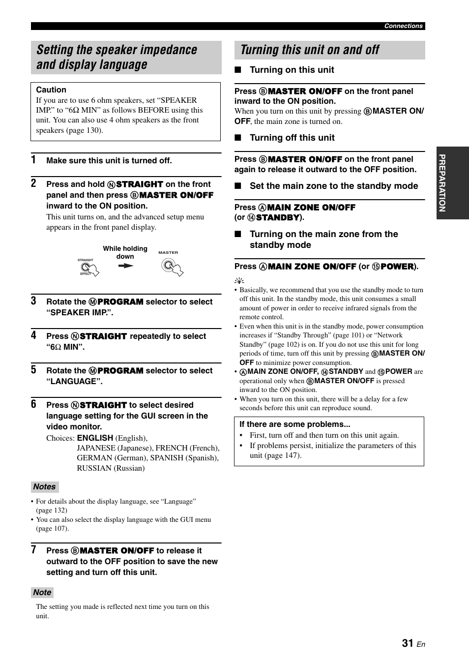 Setting the speaker impedance and display language, Turning this unit on and off, Setting the speaker impedance and display | Language | Yamaha RX-Z7 User Manual | Page 31 / 178