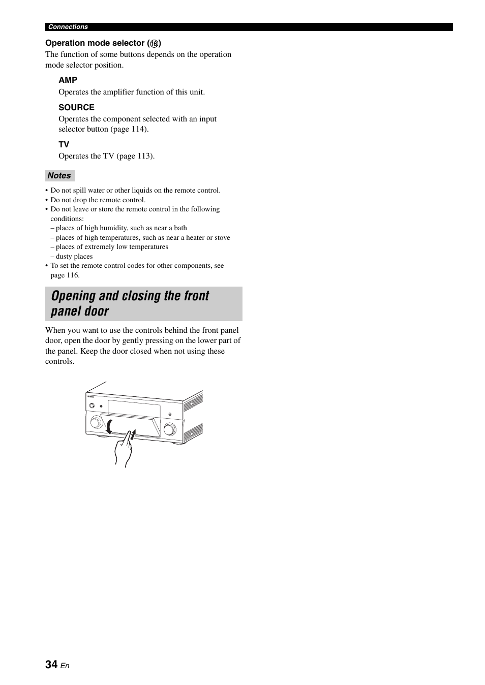 Opening and closing the front panel door | Yamaha RX-Z7 User Manual | Page 34 / 178