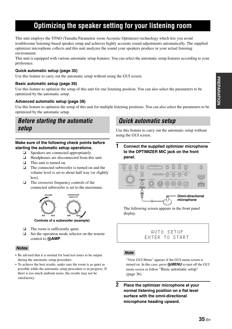 Before starting the automatic setup, Quick automatic setup, Optimizing the speaker setting for your | Listening room, P. 35, Basic automatic setup” (page 36) | Yamaha RX-Z7 User Manual | Page 35 / 178