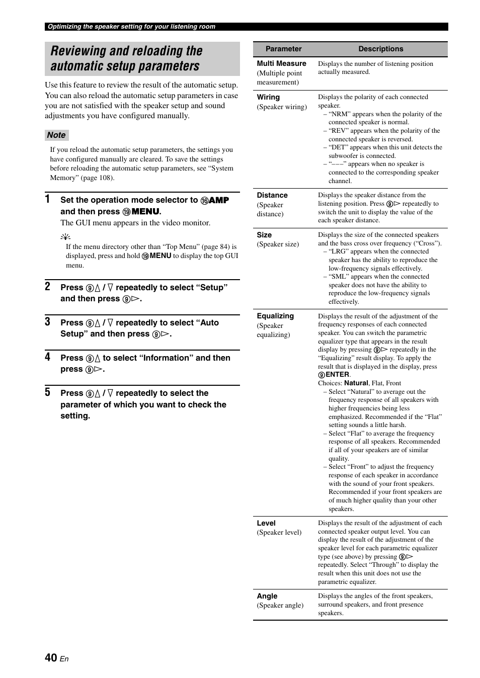 Reviewing and reloading the automatic setup, Parameters | Yamaha RX-Z7 User Manual | Page 40 / 178