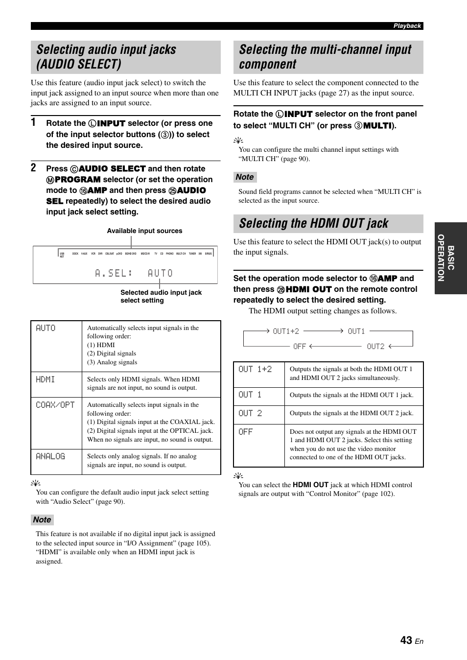 Selecting audio input jacks (audio select), Selecting the multi-channel input component, Selecting the hdmi out jack | A . s e l : a u t o | Yamaha RX-Z7 User Manual | Page 43 / 178