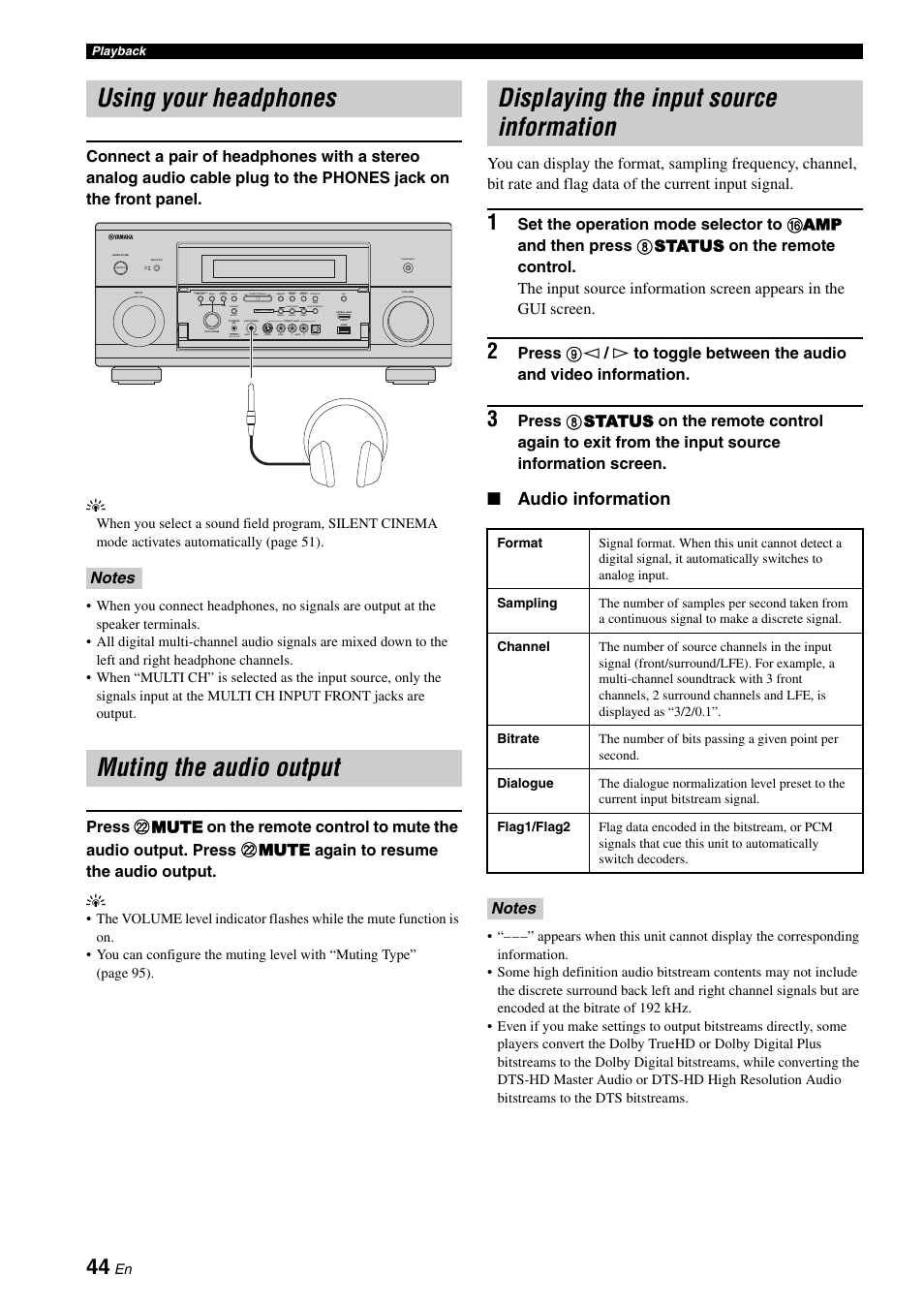 Using your headphones, Muting the audio output, Displaying the input source information | Audio information | Yamaha RX-Z7 User Manual | Page 44 / 178