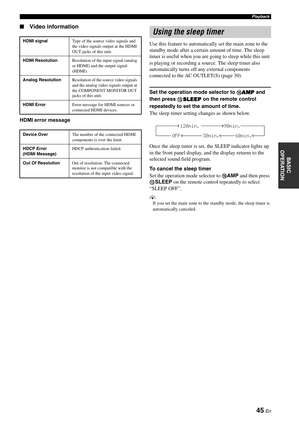 Using the sleep timer | Yamaha RX-Z7 User Manual | Page 45 / 178