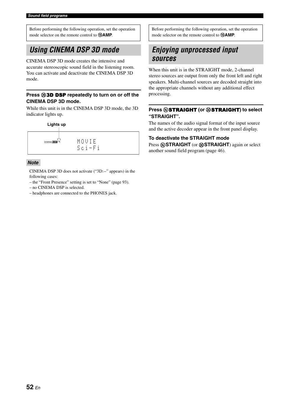 Using cinema dsp 3d mode, Enjoying unprocessed input sources | Yamaha RX-Z7 User Manual | Page 52 / 178