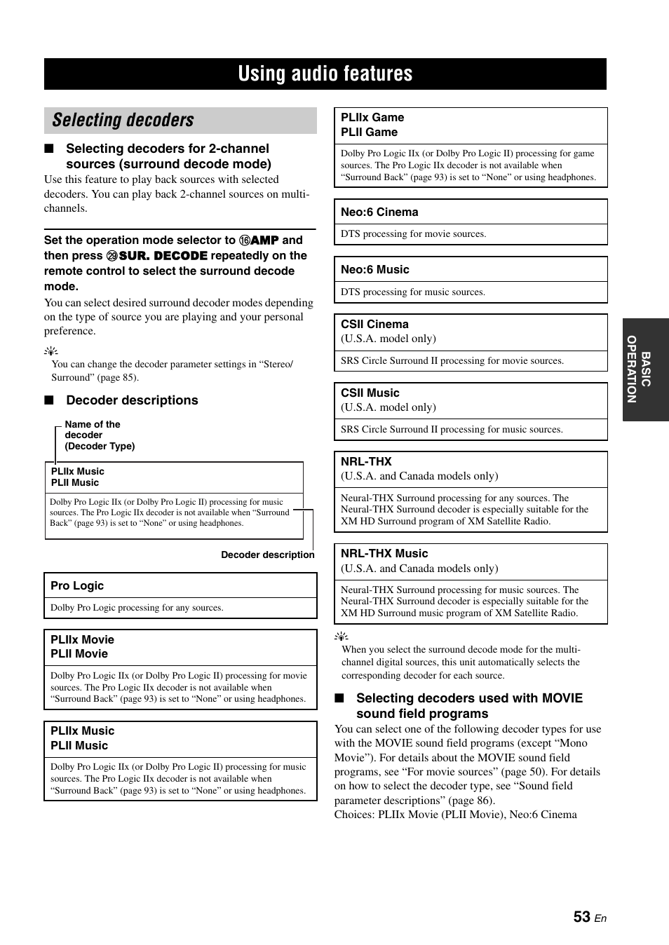 Using audio features, Selecting decoders | Yamaha RX-Z7 User Manual | Page 53 / 178