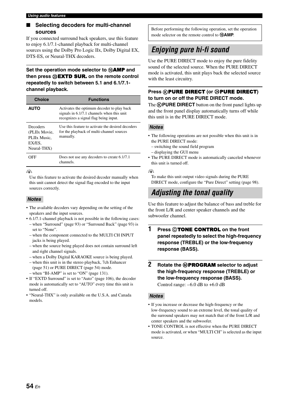 Enjoying pure hi-fi sound, Adjusting the tonal quality, P. 54 | Yamaha RX-Z7 User Manual | Page 54 / 178