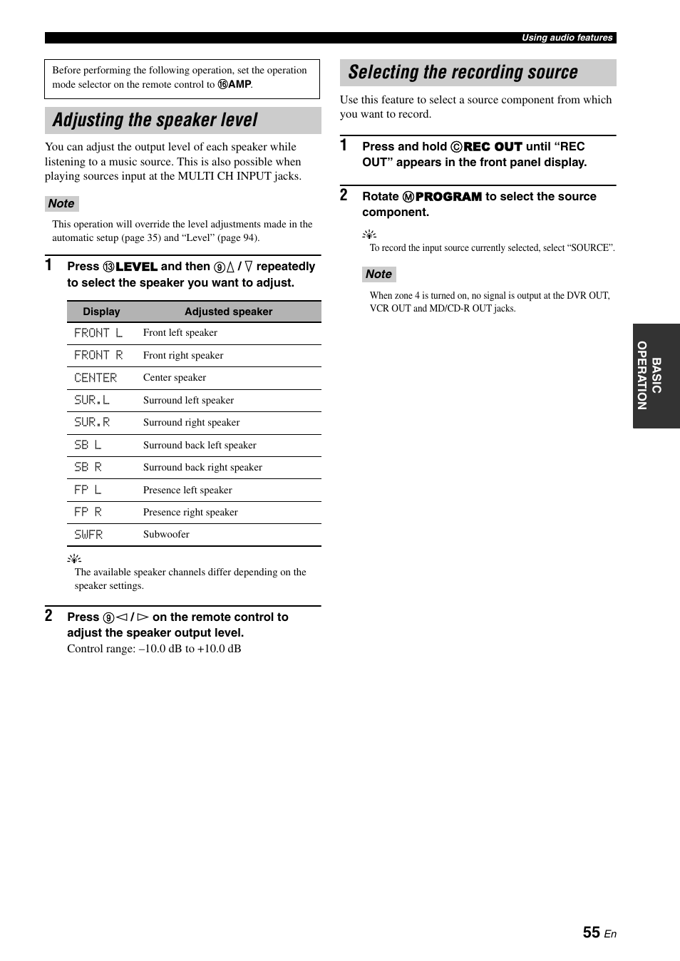 Adjusting the speaker level, Selecting the recording source | Yamaha RX-Z7 User Manual | Page 55 / 178