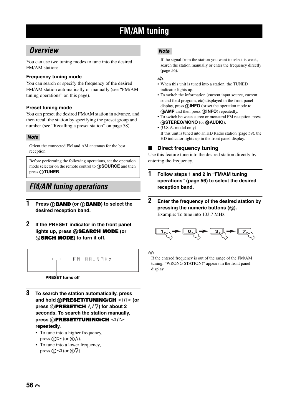 Fm/am tuning, Overview, Fm/am tuning operations | Overview fm/am tuning operations, P. 56 | Yamaha RX-Z7 User Manual | Page 56 / 178