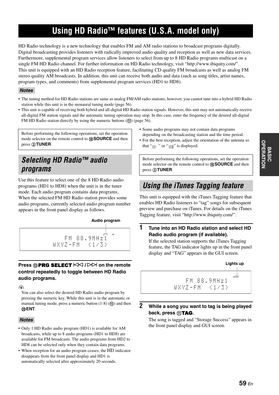 Using hd radio™ features (u.s.a. model only), Selecting hd radio™ audio programs, Using the itunes tagging feature | Using hd radio™ features, U.s.a. model only) | Yamaha RX-Z7 User Manual | Page 59 / 178