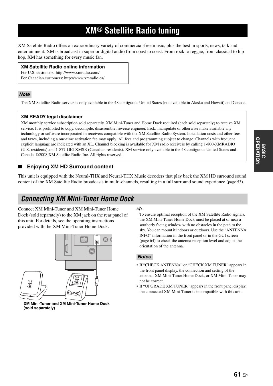 Xm® satellite radio tuning, Connecting xm mini-tuner home dock, P. 61 | Satellite radio tuning | Yamaha RX-Z7 User Manual | Page 61 / 178