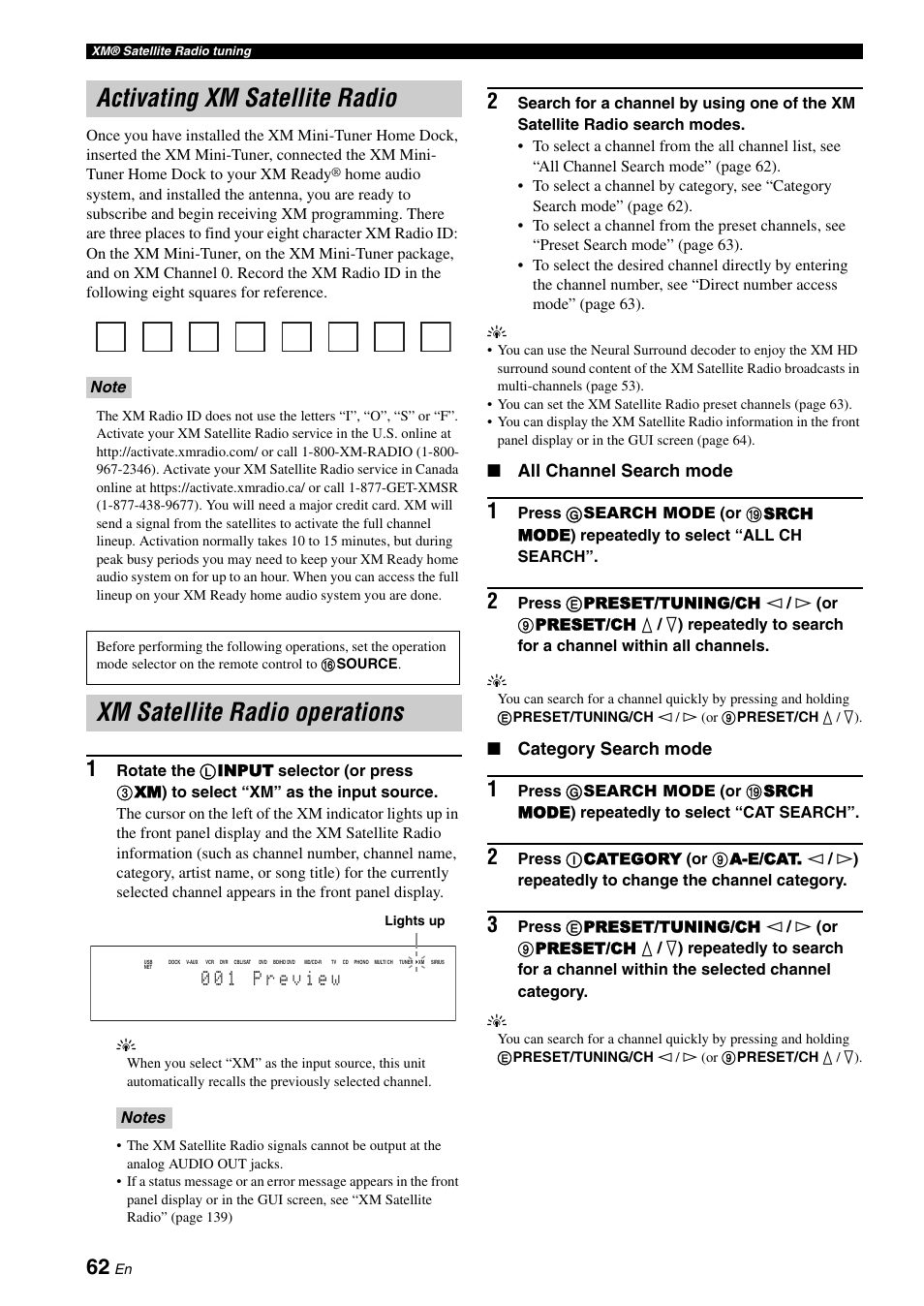 Activating xm satellite radio, Xm satellite radio operations, All channel search mode | Category search mode | Yamaha RX-Z7 User Manual | Page 62 / 178