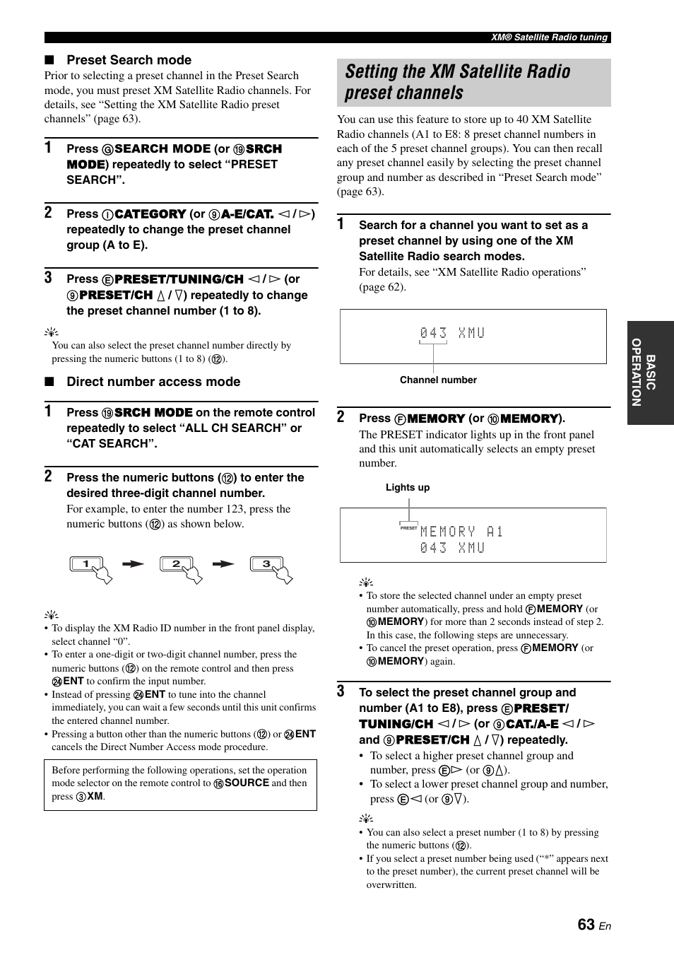 Setting the xm satellite radio preset channels | Yamaha RX-Z7 User Manual | Page 63 / 178