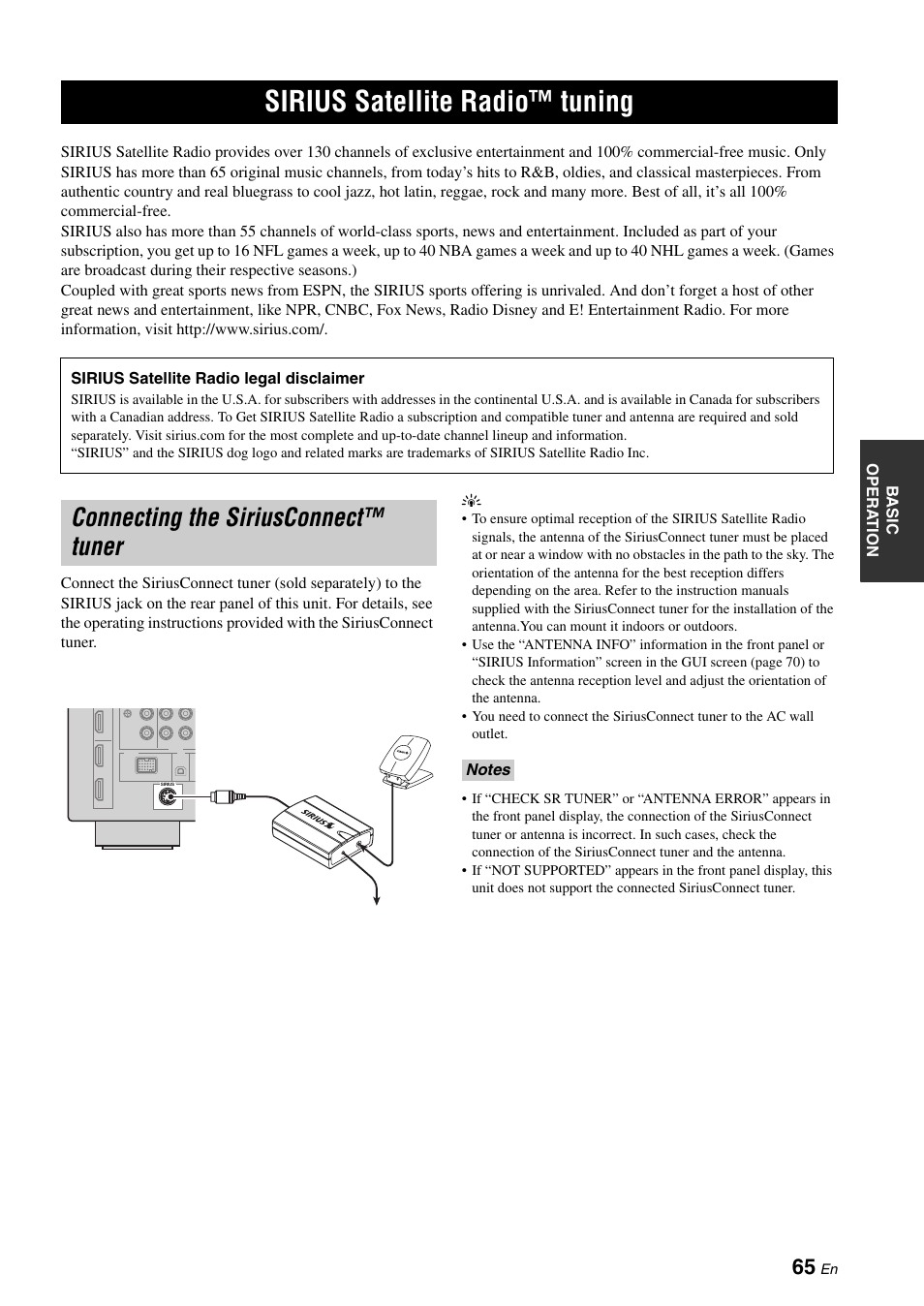 Sirius satellite radio™ tuning, Connecting the siriusconnect™ tuner, P. 65 | Yamaha RX-Z7 User Manual | Page 65 / 178