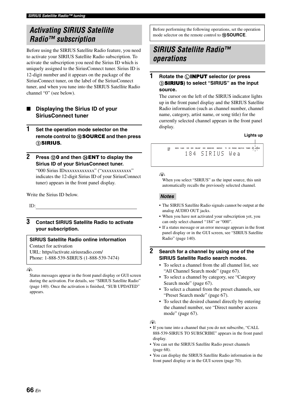 Activating sirius satellite radio™ subscription, Sirius satellite radio™ operations, Activating sirius satellite radio | Subscription | Yamaha RX-Z7 User Manual | Page 66 / 178