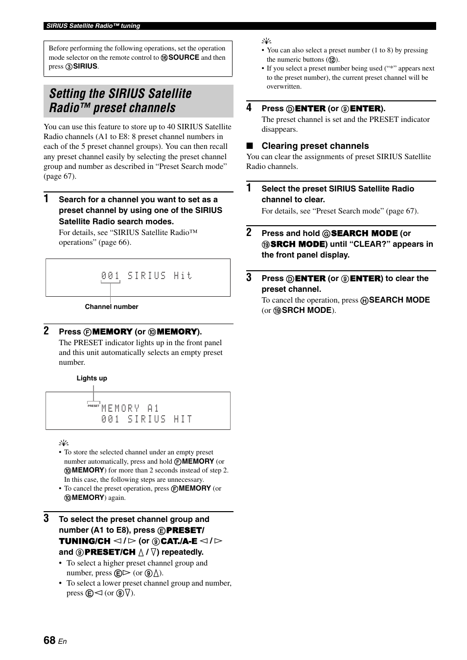 Setting the sirius satellite radio, Preset channels | Yamaha RX-Z7 User Manual | Page 68 / 178