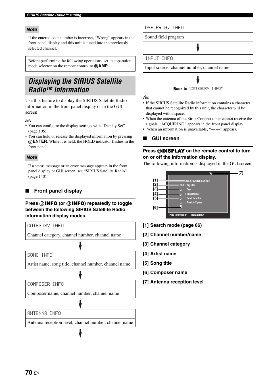 Displaying the sirius satellite radio™ information, Displaying the sirius satellite radio, Information | Yamaha RX-Z7 User Manual | Page 70 / 178