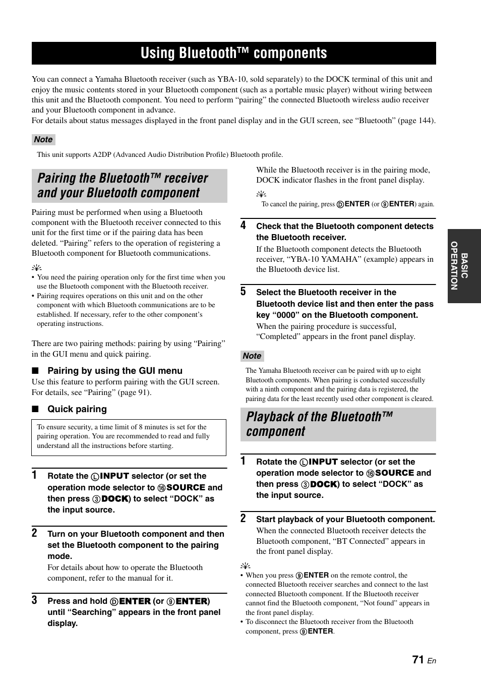 Using bluetooth™ components, Playback of the bluetooth™ component, Pairing the bluetooth™ receiver and | Your bluetooth component, P. 71 | Yamaha RX-Z7 User Manual | Page 71 / 178