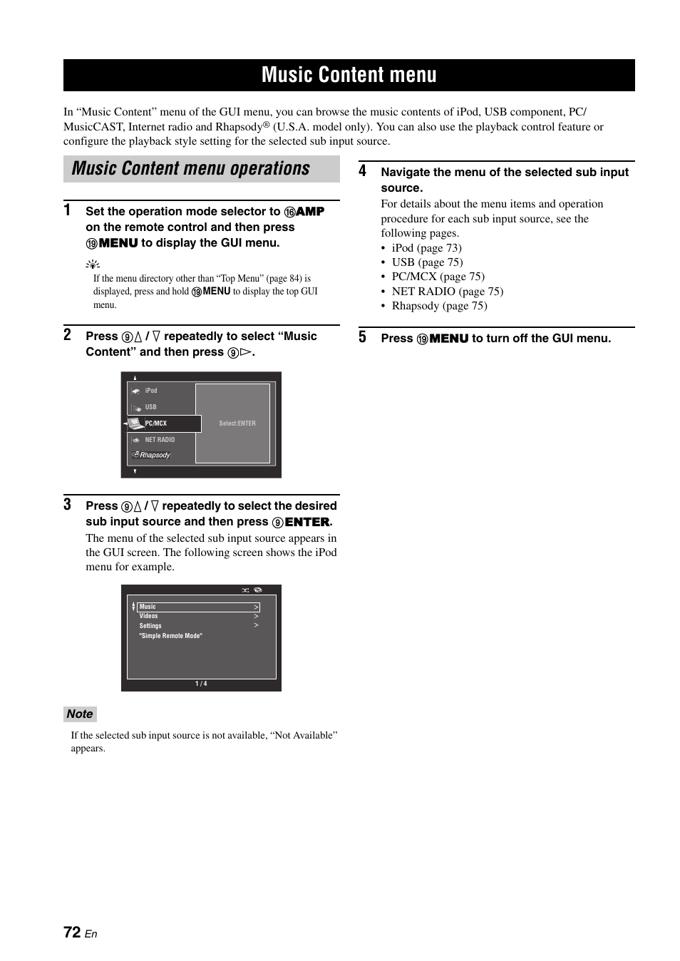 Music content menu, Music content menu operations | Yamaha RX-Z7 User Manual | Page 72 / 178