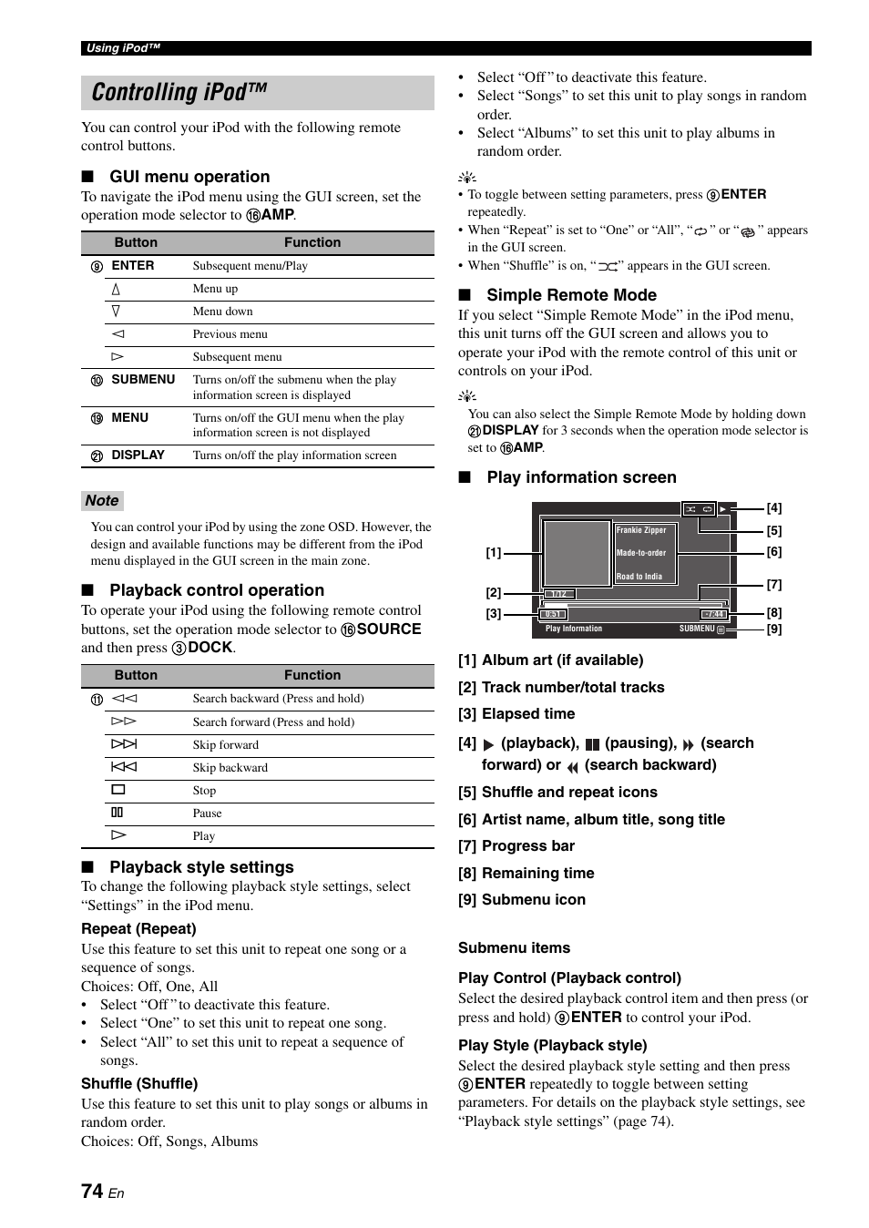 Controlling ipod, Gui menu operation, Playback control operation | Playback style settings, Simple remote mode, Play information screen | Yamaha RX-Z7 User Manual | Page 74 / 178