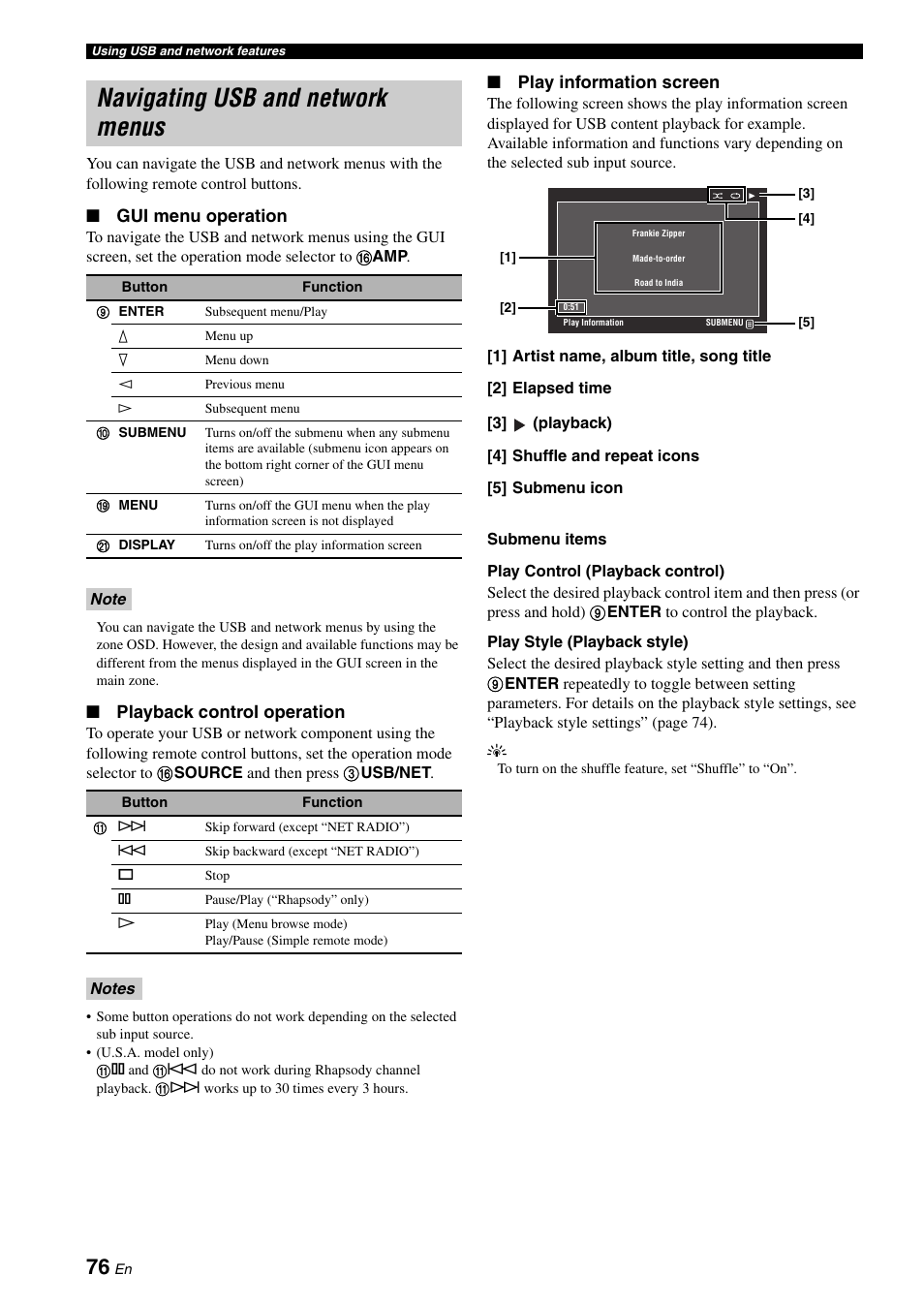 Navigating usb and network menus, Gui menu operation, Playback control operation | Play information screen | Yamaha RX-Z7 User Manual | Page 76 / 178