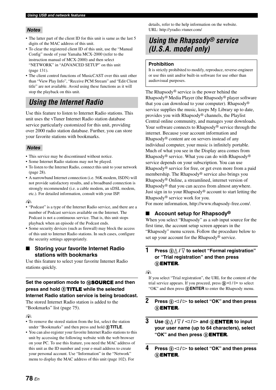 Using the internet radio, Using the rhapsody® service (u.s.a. model only), U.s.a. model only) | Account setup for rhapsody, Using the rhapsody, Service (u.s.a. model only) | Yamaha RX-Z7 User Manual | Page 78 / 178